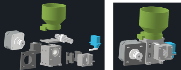 Exploded and assembled views of a custom powder dispenser mechanism